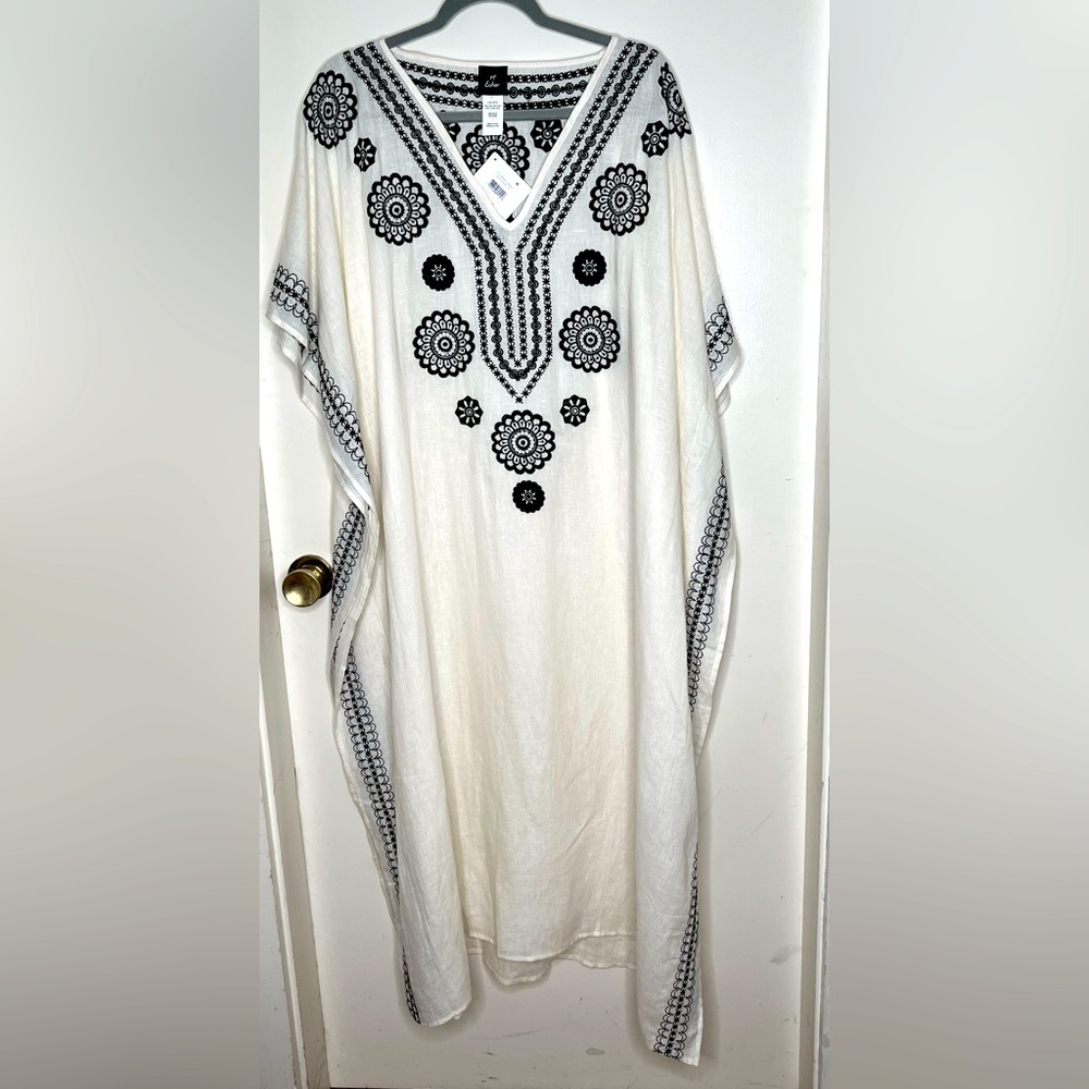 Echo Cream Linen Blend Amalfi Caftan W/Black Embroidery, Sz XL, NWT